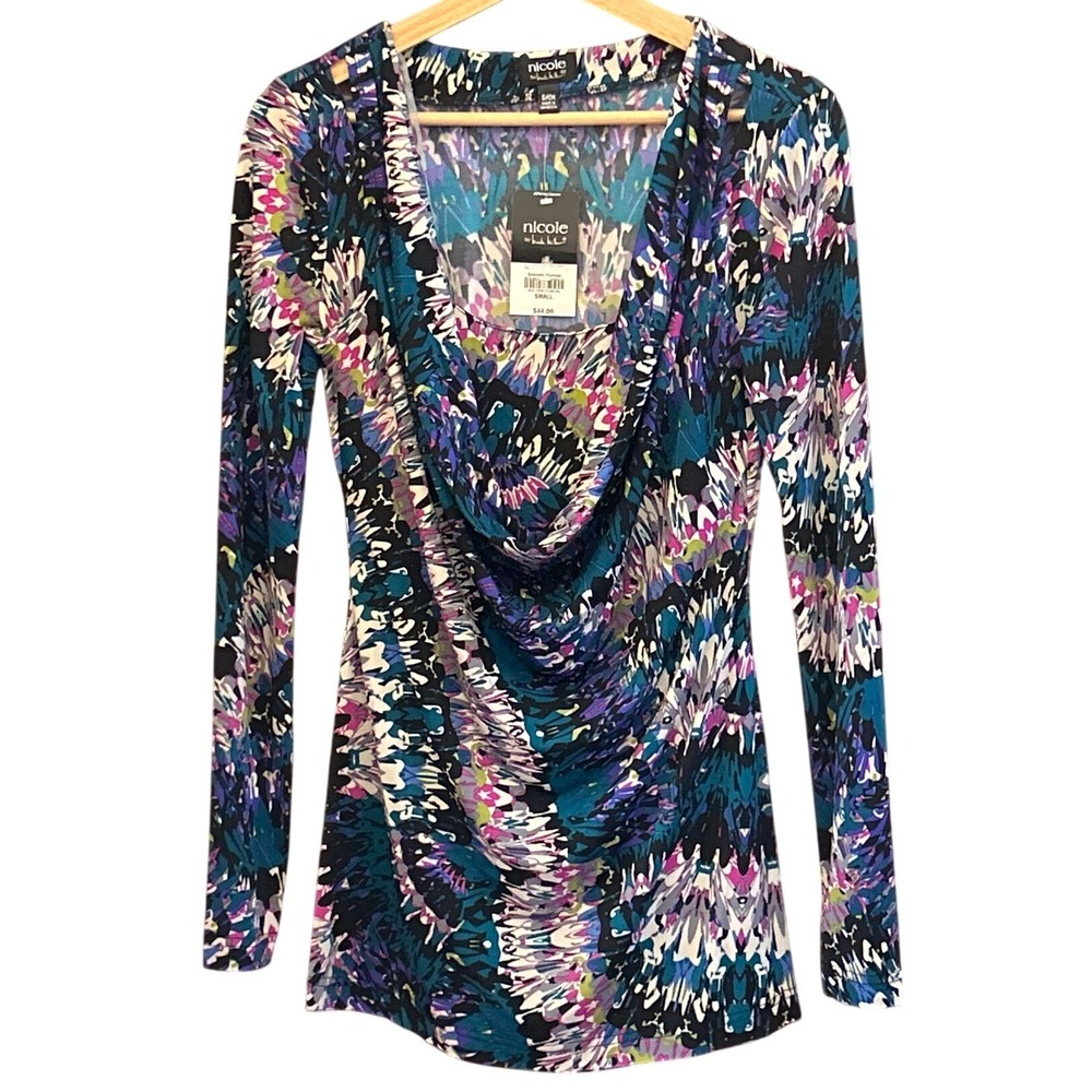 NWT Nicole by Nicole Miller Cowl Neck Top Abstract Plumage Bohemian Chic Jewej